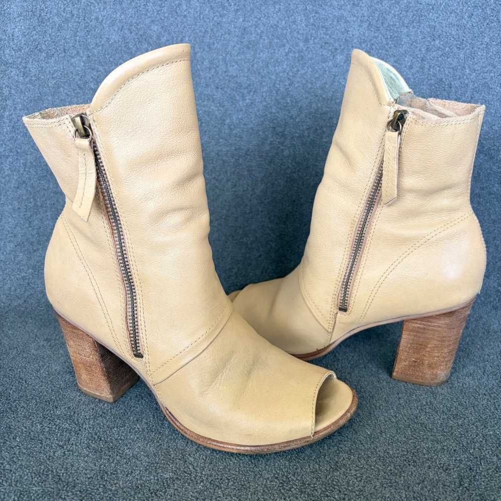 Matisse Peep Toe Ankle Boots Women 8.5 Tan Leather Block Heel Zip Booties Brazil